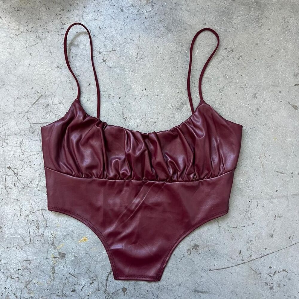 PrettyLittleThing Burgundy Red Maroon Faux Leather Ruched Crop Top Cami Festival